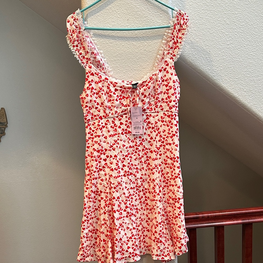 Heart Print Babydoll Mini Dress Medium Red White Cottagecore Valentine Flowy
NWT